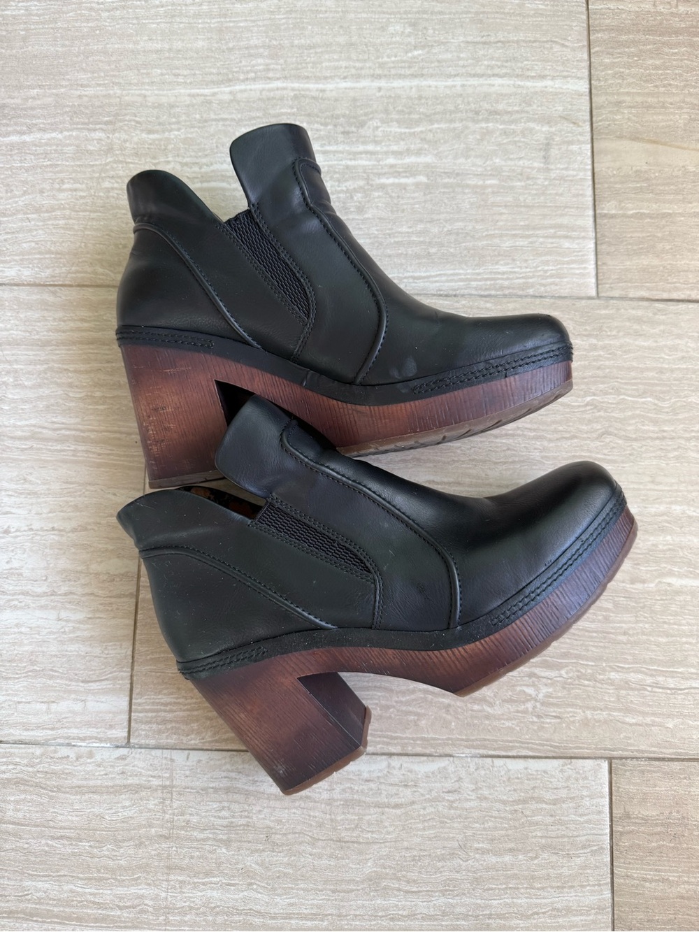 Kork-Ease Black Leather Platform Clog Booties with Brown Wood-Look Heel
